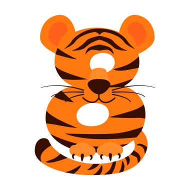 Sekiz numaralı çizgi film, Kaplan gibi, figür sekiz. Hayvan konseptli bir sayı karikatürü. Eğitim kartlarınız için kaligrafi, harf, tipografi, tebrik kartı veya oyun.