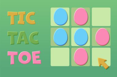 Oyun TIC-TAC-TOE UI. Paskalya temalı. Renkli yumurta kartlarıyla arka plan. Bahar tatili basılabilir çalışma tablosu. Sıfır ve çapraz.
