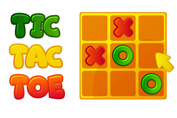 TIC TAC TOE UI с курсором. Настольная логика игры для вашего пользовательского интерфейса разработки игр. Ноли и кресты векторной мультипликационной стратегии