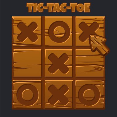 Tic-Tac-Toe tahta stili, UI oyunu. Vektör karikatür stratejisi oyun isimleri ve haçlar.