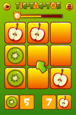 Oyun arayüzü Tic-Tac-Toe 2B oyun tasarımınız için FRUITs temalı. İki oyuncu. Elma ve kivi. Mantık oyunu UI. Vektör strateji oyunu isim ve haçlar