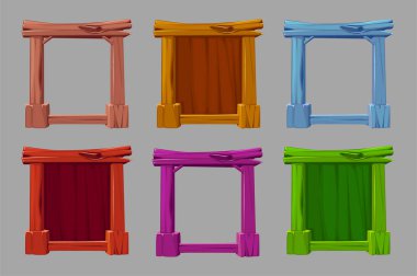 Ahşap çerçeveler. Vector ahşap tahtası, kahverengi kalas ve kereste çiviler ve doğal halatlarla bağlanmış eski kırsal ağaç çerçeveleri, izole edilmiş vintage çerçeve sınırları..