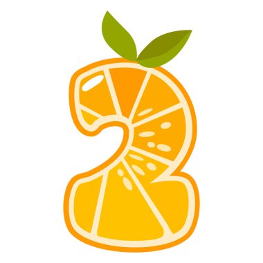 İki numaralı portakal meyvesi. 2 numara şeklinde turuncu. Vektör çizimi. Alfabe, harfler, sayılar ve turuncu veya turunçgillerden yapılmış işaretler.