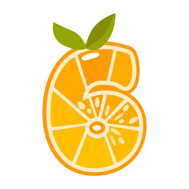 Altı numaralı portakal meyvesi. 6 numara şeklinde turuncu. Vektör çizimi. Alfabe, harfler, sayılar ve turuncu veya turunçgillerden yapılmış işaretler