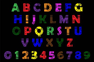 Afrikalı, Aztek ya da Maya kabilesinin yazı tipi. Egzotik etnik kalıplı renkli dekoratif alfabe. Tekstil ve posterler, broşürler ve broşürler için halk harfleri tasarımı ve 0-9 rakamları kümesi