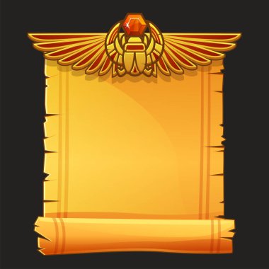 Eski Mısır papirüs parşömen vektörü, bokböceği ve Mısır kültür kanatları, Mısır ikonu, nesne, arkaplan veya oyun geliştirme için çerçeve.