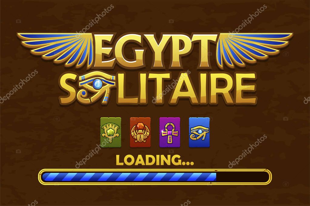 Solitaire loading screen. LOGO for 2D game. Egyptian SOLITAIRE game. Symbols- scarab, lotus, eye of Horus and Ankh.