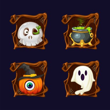 Dekorasyon unsurları için Spooky çerçeve ağacı tasarımında dört Cadılar Bayramı simgesi veya sembolü tebrik kartları, davetiye, yazdırma, oyun unsurları veya slot sembolleri dizayn.