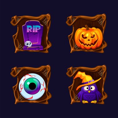 Dekorasyon unsurları için Spooky çerçeve ağacı dizaynında dört Cadılar Bayramı simgesi ya da sembolü tebrik kartları, davetiye, baskı, oyun unsurları ya da slot sembolleri tasarlıyor. RIP, balkabağı, göz ve çizgi film sahibi