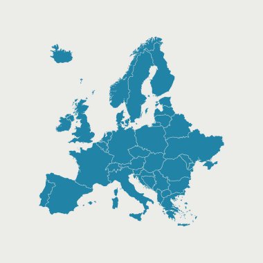 Avrupa 'nın mavi haritası, beyaz arka planda izole edilmiş. Oldukça detaylı bir vektör çizimi. Almanya, Hollanda, Belçika, Lüksemburg, Avusturya, İsviçre, Fransa, Monako ve Lihtenştayn 'ı içerir..