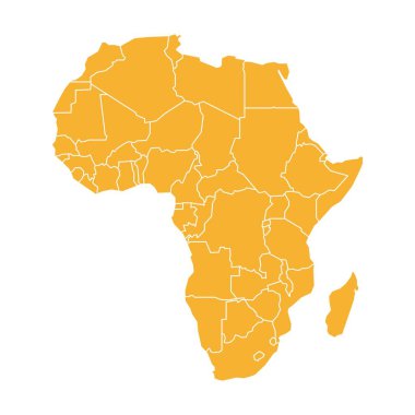 Afrika 'nın turuncu haritası devletlere ve bölgelere bölünmüş durumda. Beyaz arka planda siyah kenarlı beyaz düz bir harita. Son derece detaylı, Mısır, Nijerya, Güney Afrika, Kenya ve Fas 'ın yer aldığı.