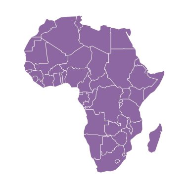Afrika 'nın devletlere ve bölgelere ayrılmış mor haritası. Beyaz arka planda siyah kenarlı beyaz düz bir harita. Son derece detaylı, Mısır, Nijerya, Güney Afrika, Kenya ve Fas 'ın yer aldığı.