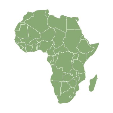 Afrika 'nın yeşil haritası devletlere ve bölgelere bölünmüş durumda. Beyaz arka planda siyah kenarlı beyaz düz bir harita. Son derece detaylı, Mısır, Nijerya, Güney Afrika, Kenya ve Fas 'ın yer aldığı.
