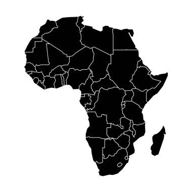 Afrika bölgelerinin bir haritasının vektör çizimi. Beyaz arka planda kenarları olan beyaz düz bir harita. Son derece detaylı, Mısır, Nijerya, Güney Afrika, Kenya ve Fas 'ın yer aldığı.