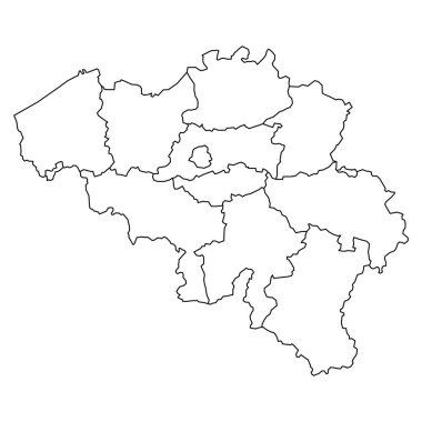 Eyaletlere ve bölgelere ayrılmış Belçika haritasının vektör çizimi. Beyaz arka planda siyah kenarlı beyaz düz bir harita. Son derece detaylı.