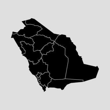 Suudi Arabistan 'ın eyaletlerinin ve sınırlarının haritası. Beyaz arka planda izole edilmiş düz bir tasarım. Son derece detaylı vektör illüstrasyonu.