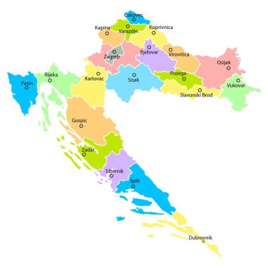 Hırvatistan haritasında bölgeler, bölge isimleri ve şehirlerin renkleri yer alıyor. Beyaz arka planda izole edilmiş düz bir tasarım. Avrupa 'nın son derece ayrıntılı vektör illüstrasyonu