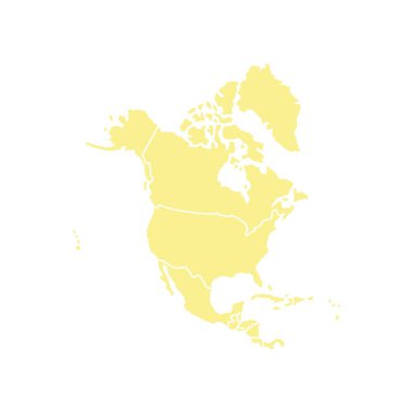 Kremsi düz Kuzey Amerika beyaz arka planda izole edilmiş bir harita. Çok detaylı, taşra setiyle birlikte. ABD, Kanada, Meksika, Küba, Guatemala, Haiti, Dominik Cumhuriyeti, Honduras, Nikaragua.