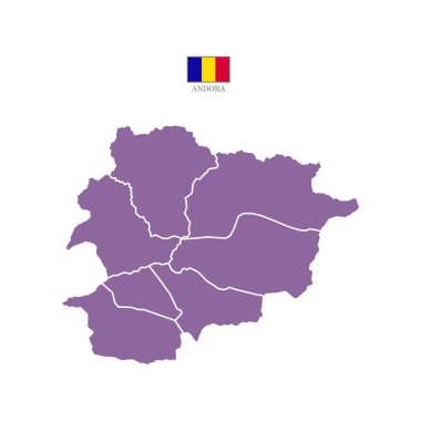 Renkli siluet mor Andorra haritası. Düz harita Andorra. Kısmen Batı Avrupa haritası. Ulusal bayrak ile vektör illüstrasyonu.