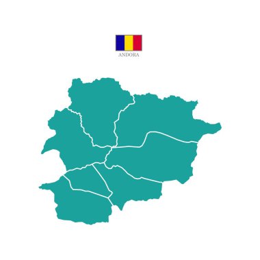 Renkli siluet turkuaz Andorra haritası. Düz harita Andorra. Kısmen Batı Avrupa haritası. Ulusal bayrak ile vektör illüstrasyonu.
