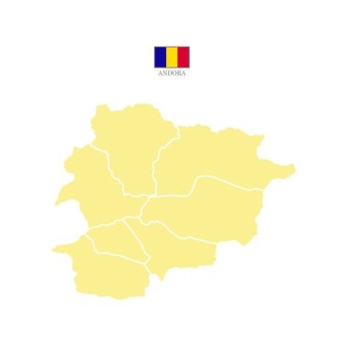 Renkli siluet kremalı Andorra haritası. Düz harita Andorra. Kısmen Batı Avrupa haritası. Ulusal bayrak ile vektör illüstrasyonu.