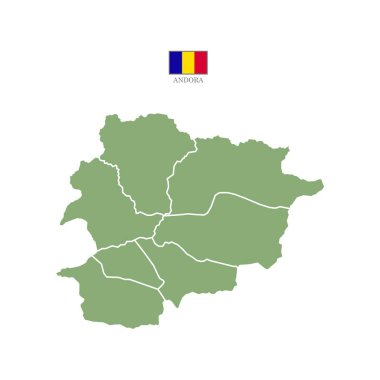 Renkli siluet yeşil Andorra haritası. Düz harita Andorra. Kısmen Batı Avrupa haritası. Ulusal bayrak ile vektör illüstrasyonu.