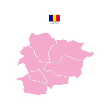 Renkli siluet pembe Andorra haritası. Düz harita Andorra. Kısmen Batı Avrupa haritası. Ulusal bayrak ile vektör illüstrasyonu.