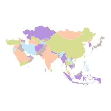 Asya 'nın beyaz arka planda izole edilmiş düz renk haritası. Asya ülkesiyle vektör illüstrasyonu. Çin, Hindistan, Japonya, Mısır, Bangladeş, Mısır, Endonezya, Malezya, Kamboçya, Türkiye, Vietnam.