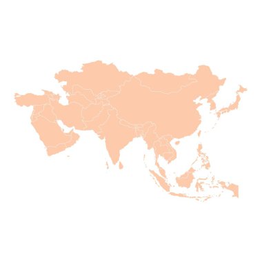 Asya 'nın beyaz arka planda izole ettiği düz turuncu harita. Asya ülkesiyle vektör illüstrasyonu. Çin, Hindistan, Japonya, Mısır, Bangladeş, Mısır, Endonezya, Malezya, Kamboçya, Türkiye, Vietnam.