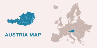 Avusturya haritası idari bölümler ve Avrupa haritasında vurgulanmış konum. Beyaz arka planda izole edilmiş. Vektör illüstrasyonu.