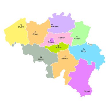 Belçika haritası, bölge bölge renk bölünmüş. Bölgede şehrin adı var. Düz dizayn. Vektör illüstrasyonu.