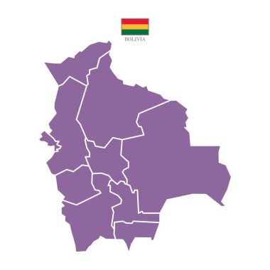 Renkli siluet mor Bolivya haritası. Bolivya 'nın düz haritası. Yarı Güney Amerika haritası. Ulusal bayrak ile vektör illüstrasyonu.