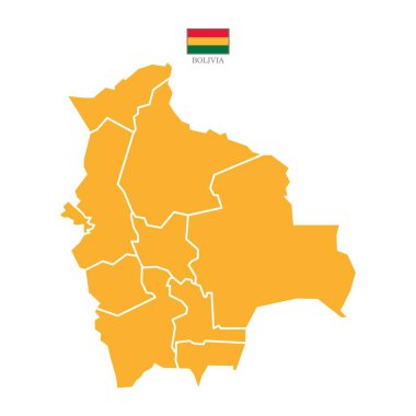 Renkli siluet turuncu Bolivya haritası. Bolivya 'nın düz haritası. Yarı Güney Amerika haritası. Ulusal bayrak ile vektör illüstrasyonu.