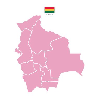 Renkli siluet pembe Bolivya haritası. Bolivya 'nın düz haritası. Yarı Güney Amerika haritası. Ulusal bayrak ile vektör illüstrasyonu.