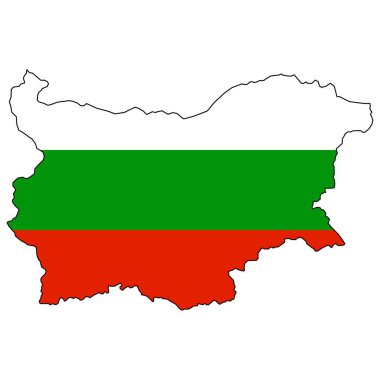 Düz Bulgaristan ulusal bayrağı olan bir harita. Siyah şeritli. Bulgaristan haritası beyaz arka planda izole edildi. Vektör illüstrasyon haritası