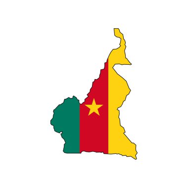 Ulusal bayrak ve siyah hatlı düz bir Kamerun haritası. Kamerun haritası beyaz arkaplanda izole edildi. Vektör illüstrasyon haritası
