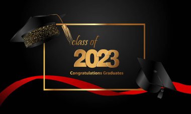 Congratulations on your graduation from school. Class of 2023. Graduation cap, confetti and balloons. Congratulatory banner. Academy of Education School of Learning. Vector