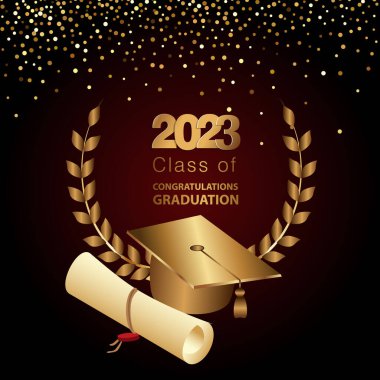 Congratulations on your graduation from school. Class of 2023. Graduation cap, confetti and balloons. Congratulatory banner. Academy of Education School of Learning. Vector