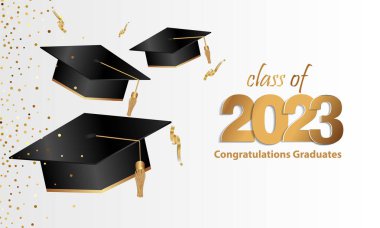 Congratulations graduation. Class of 2023. Graduation cap and confetti and balloons. Congratulatory banner in blue. Academy of Education School of Learning. Vector