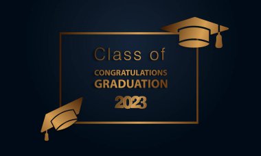 Congratulations graduation. Class of 2023. Graduation cap and confetti and balloons. Congratulatory banner in blue. Academy of Education School of Learning. vector illustration