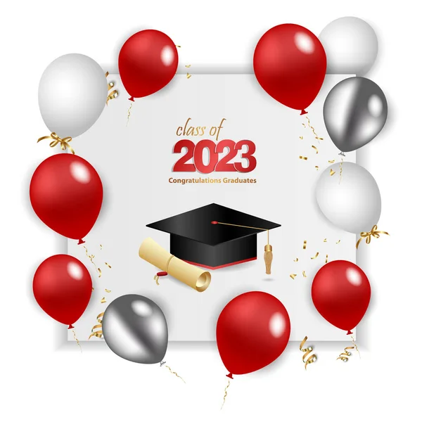 Tebrikler mezuniyet. 2023 sınıfı. Mezuniyet şapkası, konfeti ve balonlar. Mavili tebrik pankartı. Eğitim Akademisi Öğrenim Okulu. Vektör