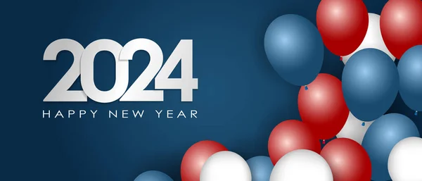 Mutlu Yıllar 2024 Balonlu Konfetili Zarif Altın Metin Gerçekçi Vektör — Stok Vektör