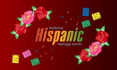 Hispanik Miras Ayı. Ulusal İspanyol Miras Ayı metni, Papel Picado deseni, İspanyol deseni. Vektör