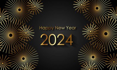 Mutlu yıllar 2024 Balonlu ve konfetili zarif altın metin. Gerçekçi.