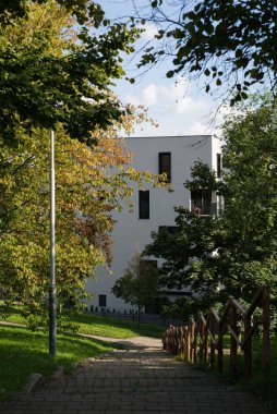 Paved pathway with wooden railing leading through a green park towards a modern white residential building, framed by trees in early autumn.