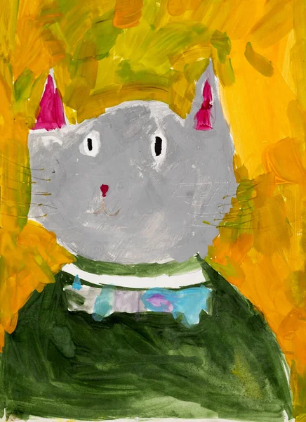 Child drawing, grey cat in green sweater on yellow background. Kids colorful art, acrylic painting. Top view.