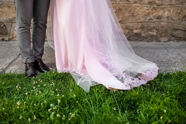 新婚夫妇的双腿站在绿茵的草坪上 新娘和新郎 粉红婚纱 — 图库照片