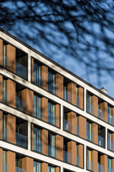 Detalj För Modern Flerfamiljshus Centrum Stort Antal Våningar Balkonger Och — Stockfoto
