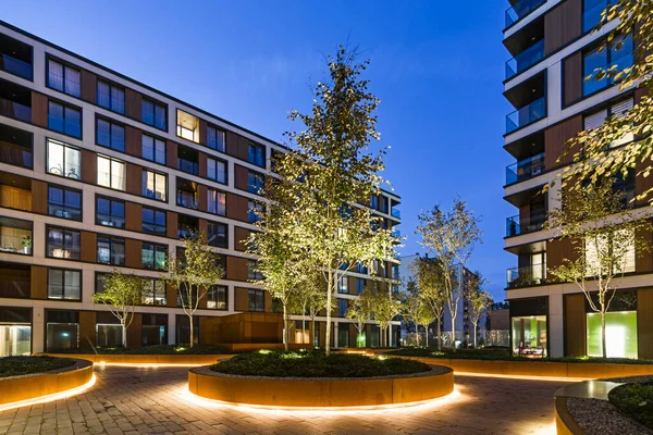 Residential Buildings European City Night Modern Blocks Flats Courtyard Vegetation — Stock Photo, Image