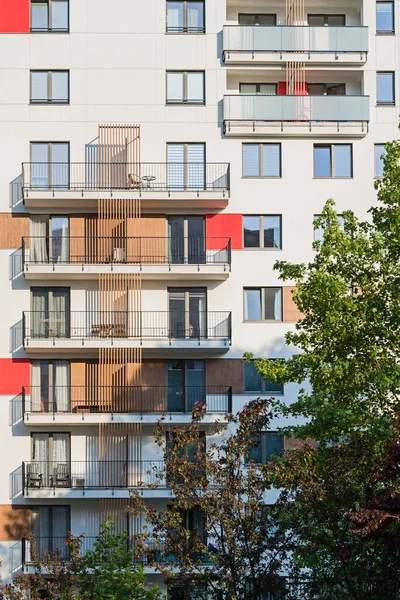 Detail Facades Harmonious Multifamily Building Large Balconies — Stock Photo, Image